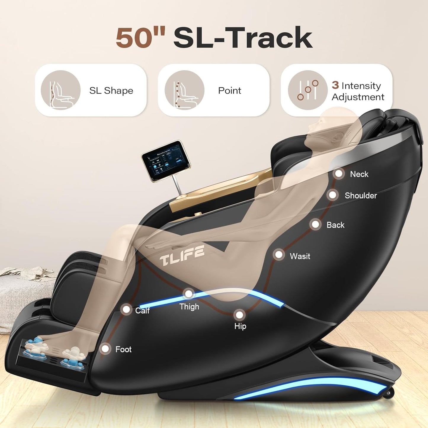 TLIFE Full Body Massage Chair - 160° Zero Gravity Recliner with Body Scan & 12 Auto Modes | Black