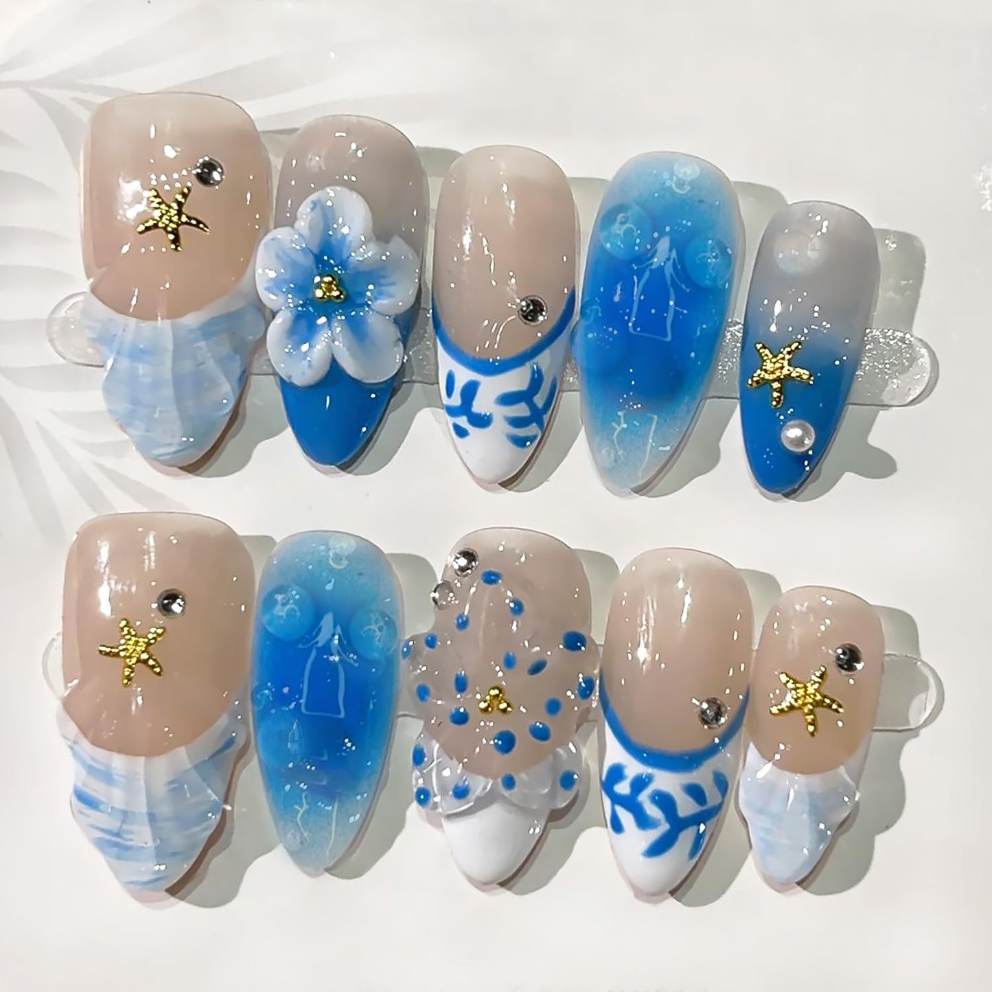 Flower Press-On Nails - 10 Pcs Short Almond Style with Gold Shell & Starfish Rhinestones | Reusable Cute Handmade Acrylic Nails for Women & Girls