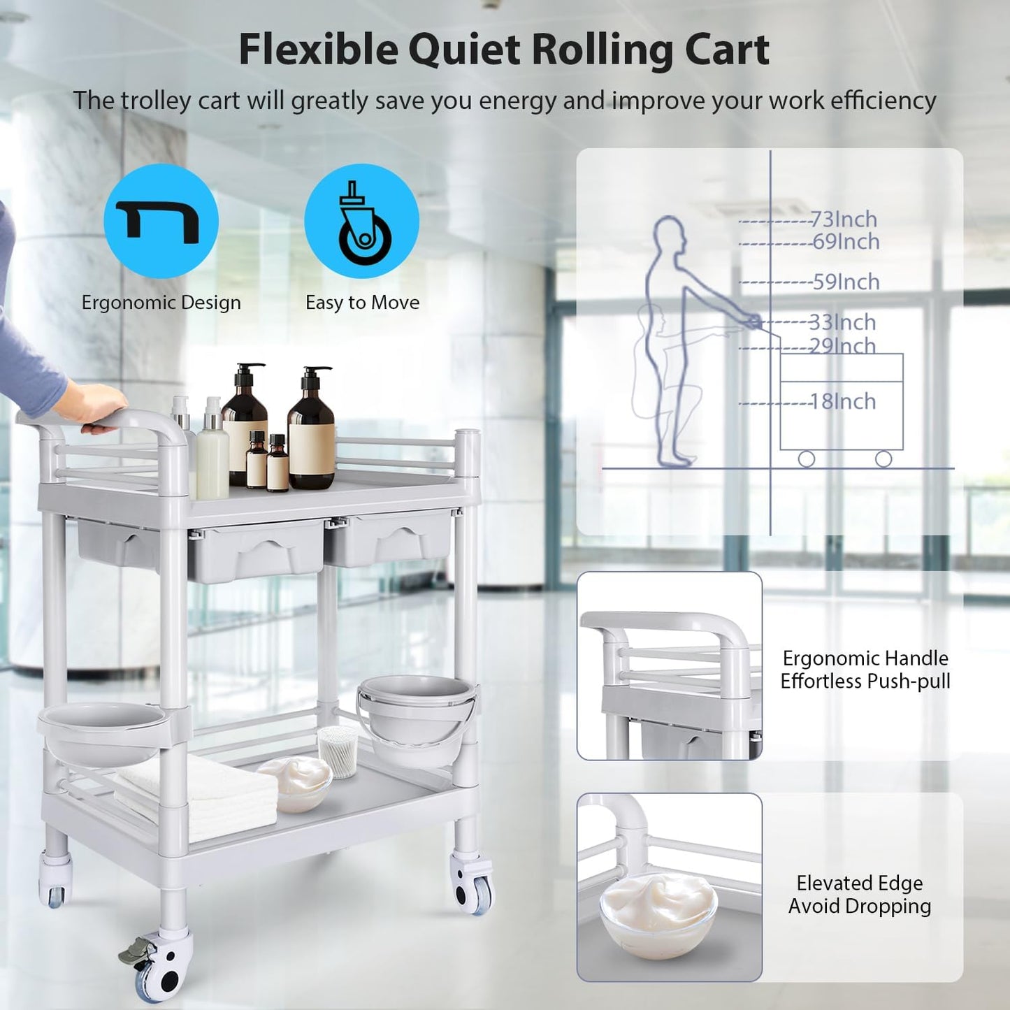 Medical Mobile Trolley Cart - Heavy Duty 2-Shelf Utility Cart | 220 LBS Max Load, Rolling Design for Beauty & Healthcare