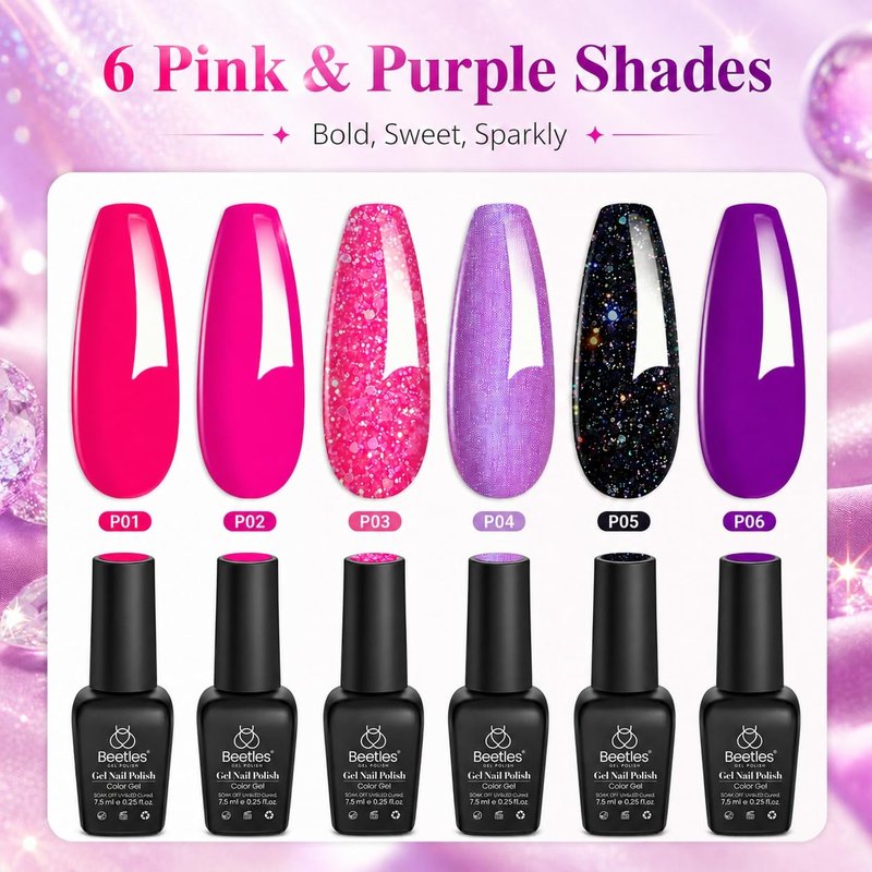Hot Pink Gel Nail Polish Set - 6 Colors Glitter & Shimmer | Soak Off UV Gel for DIY Manicure