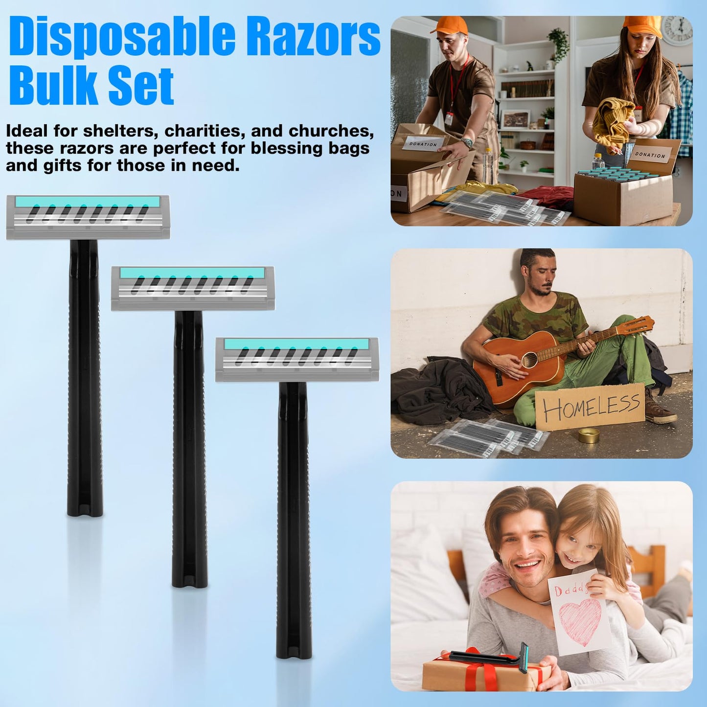 MAGDIY Disposable Razors Bulk for Men 500 Pack, Homeless Supplies Bulk, Twin Blade Mens Safety Travel Supply Shaving Razor, Face Beard Body Shavers for Hotel Camping Bathing (Black)