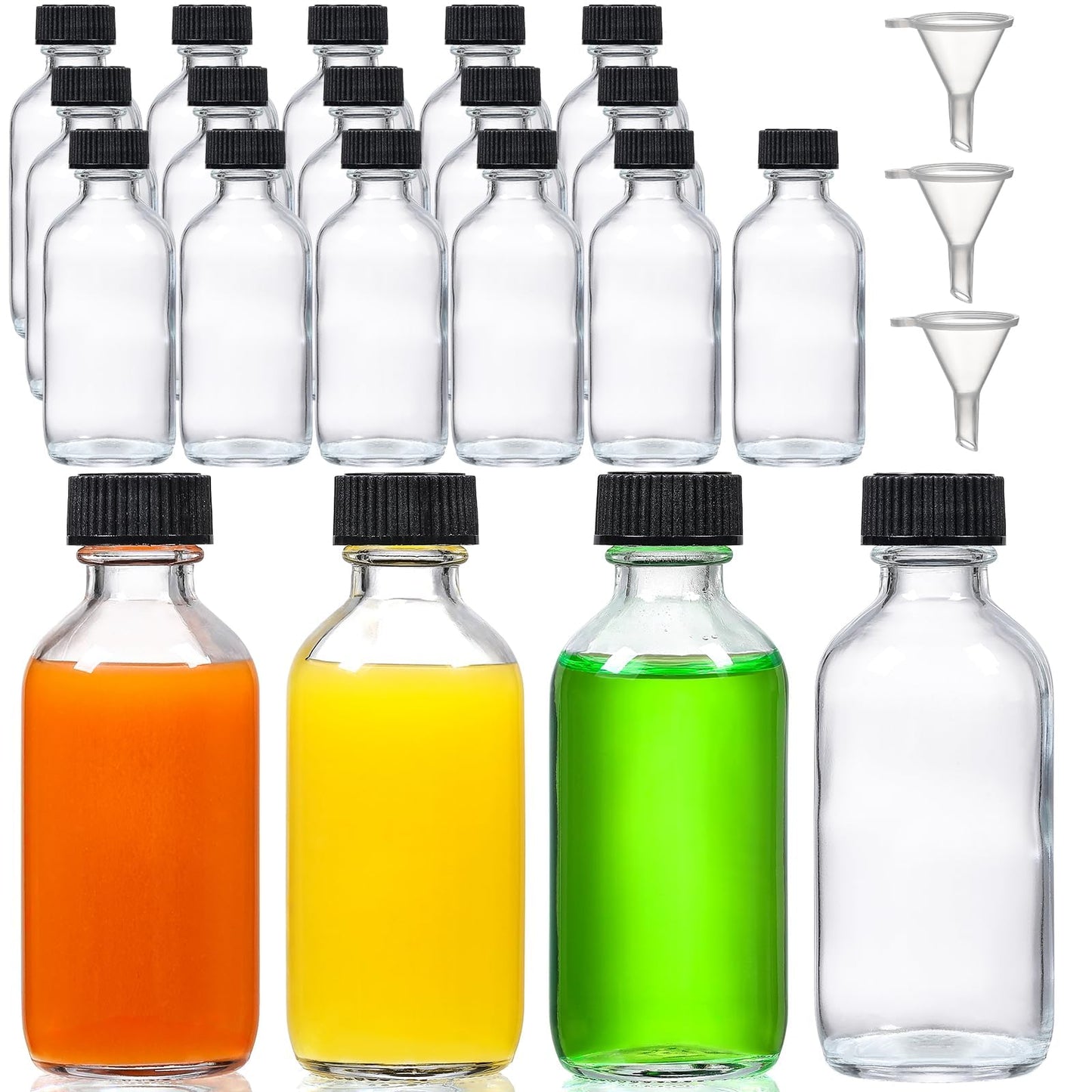 AOZITA 16 Pack, 2 oz Small Clear Glass Bottles w/Lid & 3 Funnels - 60ml Boston Shot Bottles for Health, Immunity, Potion, Wellness, Sample, Ginger, Juice - Mini Personal Care & Beauty Travel Bottle