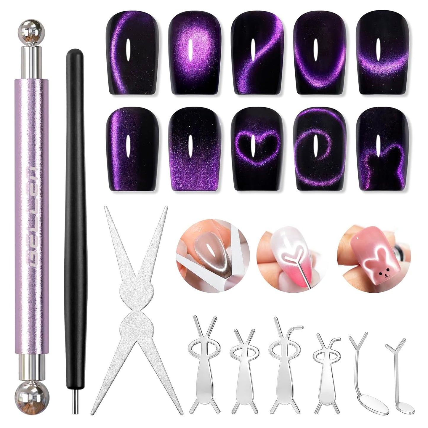 Cat Eye Nail Magnet Set - Strong Double-Ended Magnet Pen with 8mm & 10mm Balls | French Tip Guide Plates & Bunny/Heart Designs