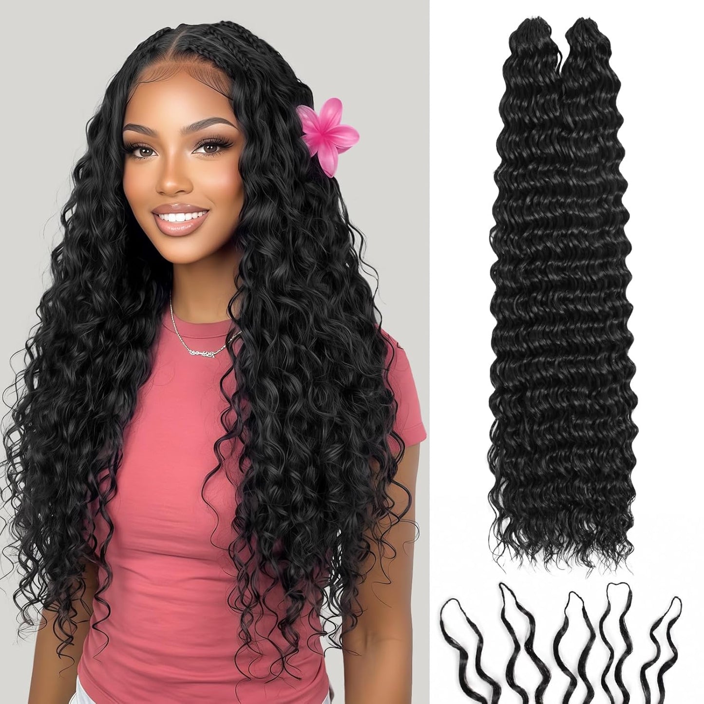 Miracle Knots Deep Wave Crochet Hair Extensions - 14" Hand-Tied Synthetic, Glue-Free Knotless Pieces | Natural Black