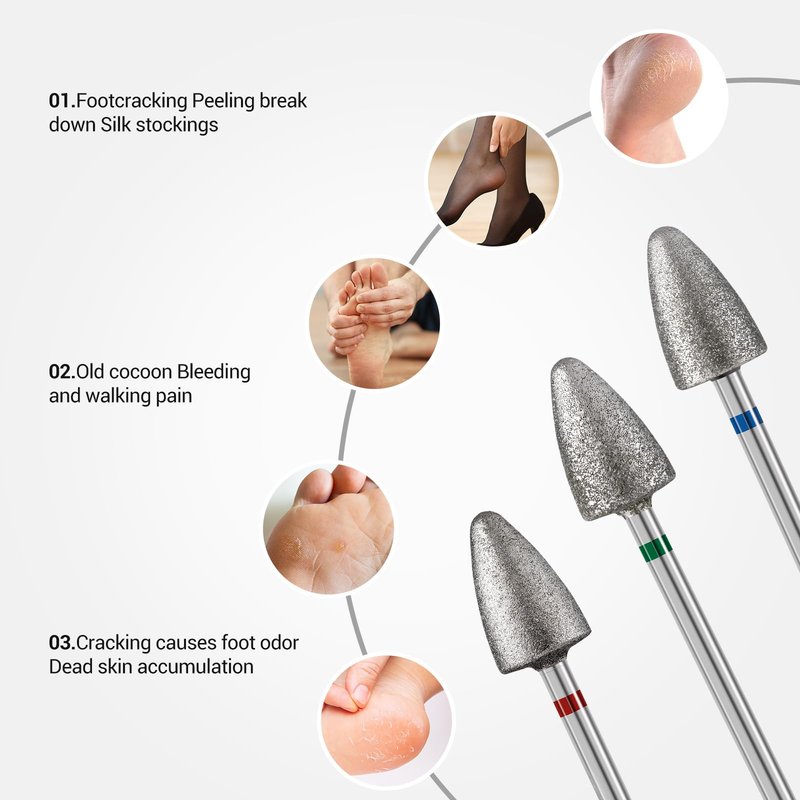 MelodySusie 3Pcs 8mm Diamond Pedicure Cone Drill Bits Set for Cracked Skin Corns Callus Removal, Feet Filing Nails For Manicure and Pedicure