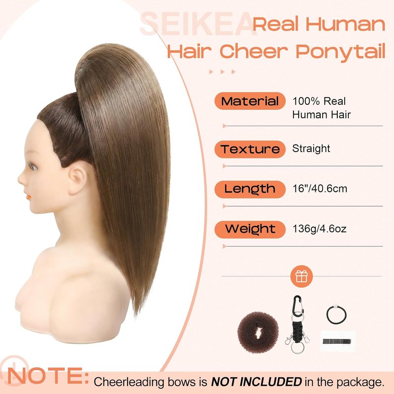 Cheer Ponytail Hair Piece - 100% Real Human Hair 16" Straight Extension | Smooth Natural Chocolate Bronzed