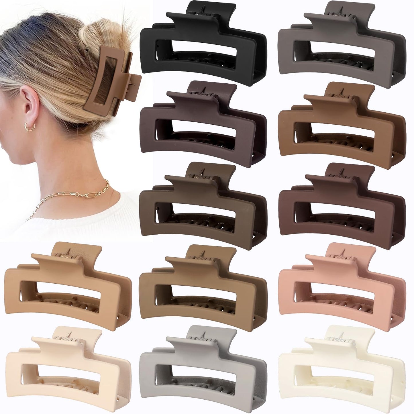 3.5 Inch Medium Hair Accessories - 12 Pcs Square Jaw Clips for Thick & Thin Hair | Rectangular Basic Color Clips for Women & Girls