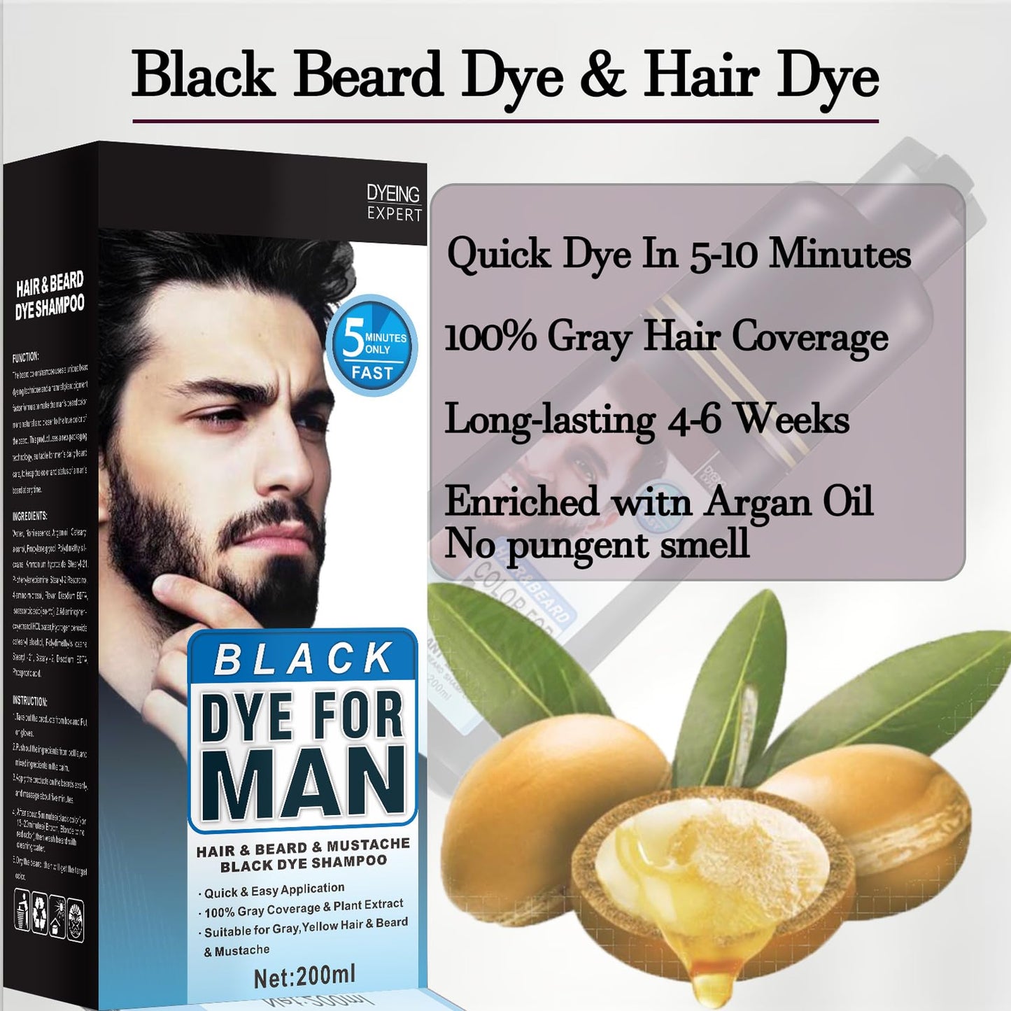 Men's Beard Dye Black 3-in-1 Natural Black Beard & Hair Dye Shampoo