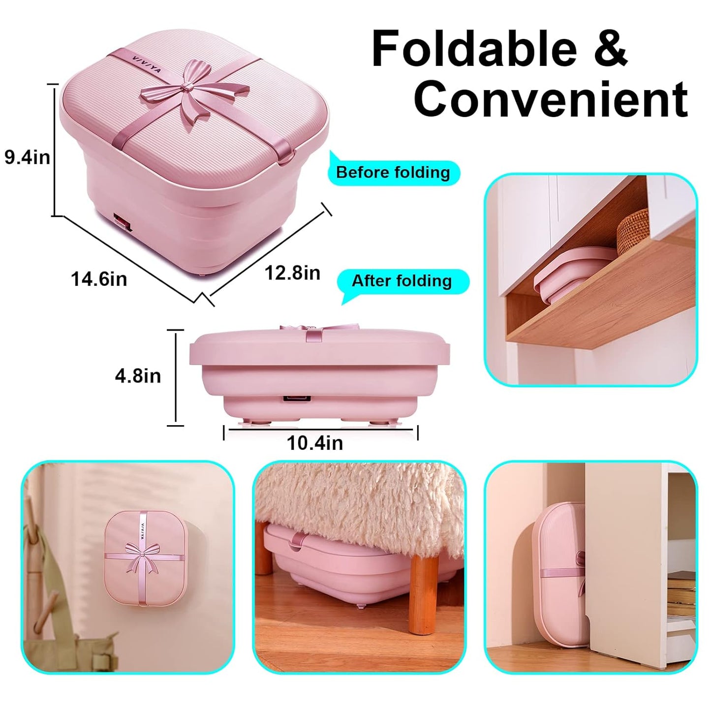 Collapsible Foot Bath Spa - Heated Massage Rollers & Bubble Jets | Foldable Pedicure Tub (Pink)