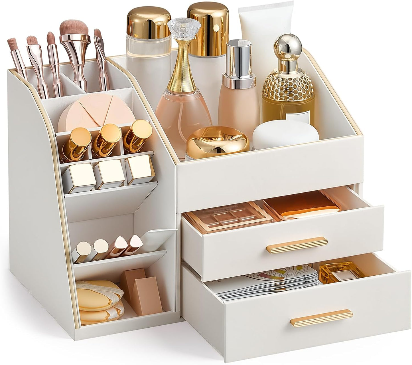 Makeup Organizer - 3-Layer PU Leather Storage Box with Drawers | Easy to Clean Vanity Display Case - Cream