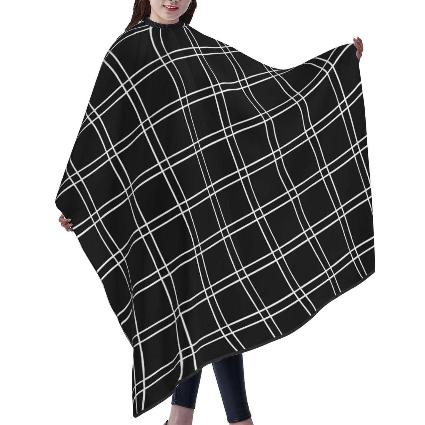 Black Tartan with White Lines Adult Professional Hair Cutting Cape Adjustable Snap Large Size 55x66 in
