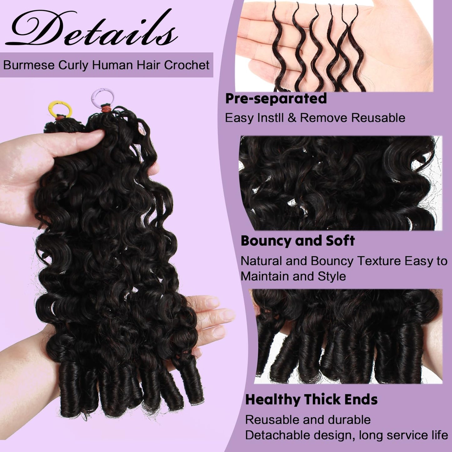 Burmese Curly Feather Crochet Human Hair 100g 18 Inch Human Crochet Hair Knotless Pre‑Separated Miracle Knots Hair Lightweight Reusable Crochet Hair Extensions for Black Women