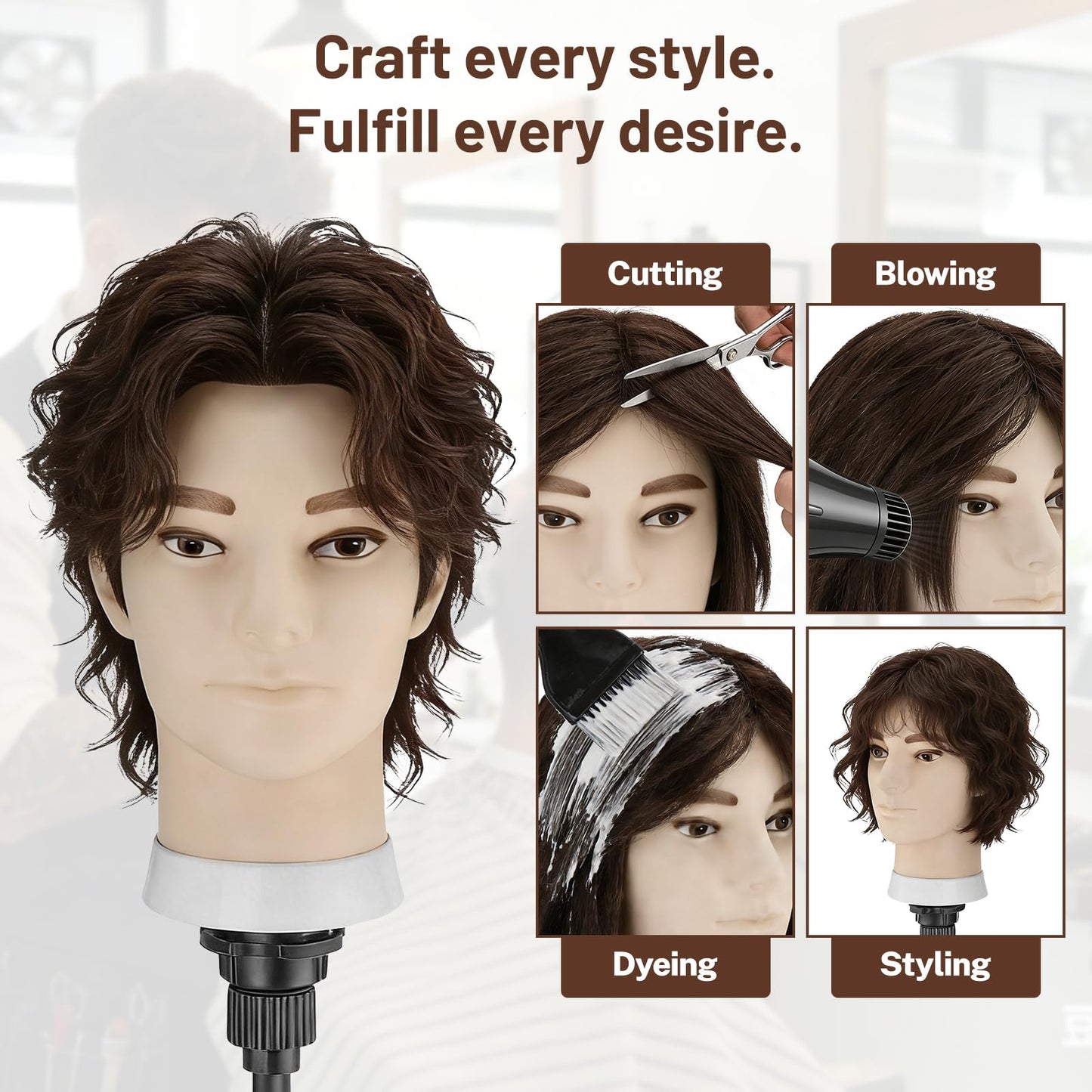 Barber Mannequin Head, 100% Real Brown Human Hair Male Head with Table Clamp, 8" Professional Hairdresser Training Doll Manikin Head for Practicing Hair Cutting and Styling