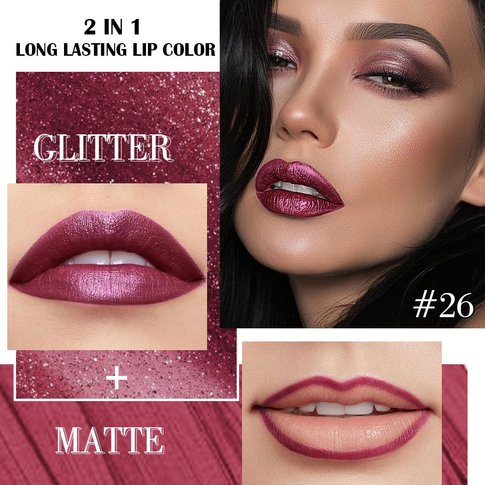 Dark Purple Red Metallic Glitter Lip Liner & Lipstick Combo - Long Lasting Waterproof Liquid Lipstick Set for Women | Iridescent Shine, Non-Stick Cup