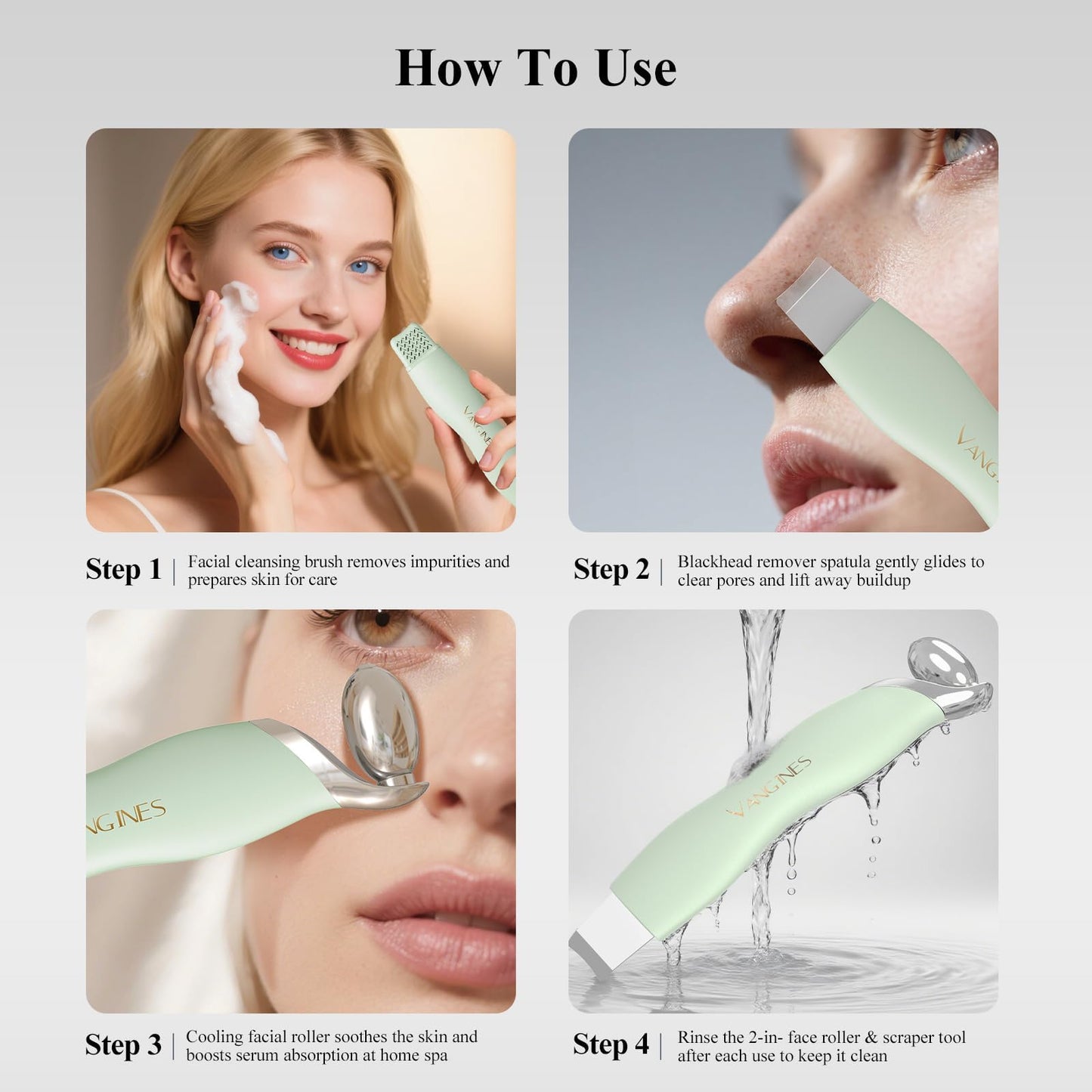 Vangines Blackhead Remover Tool with Ice Roller, Stainless Steel Face Scraper, Skin Scrubber Face Spatula for Deep Cleansing, 3-in-1 Skin Care Tool with 2 Silicone Brush Heads (Sage Mist)