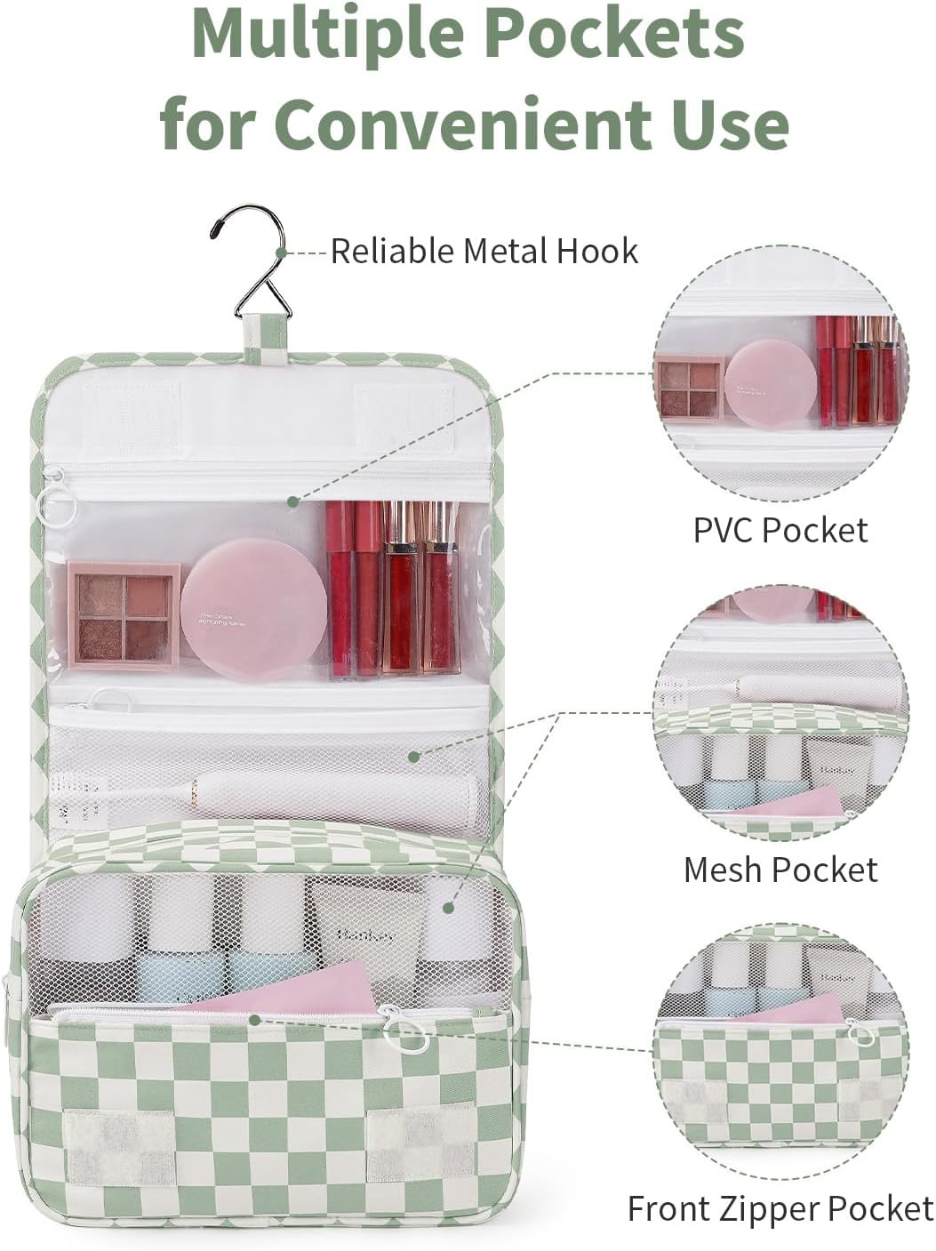 Narwey Small Hanging Travel Toiletry Bag - Checkered Makeup Organizer for Women | Mint Green Checkerboard