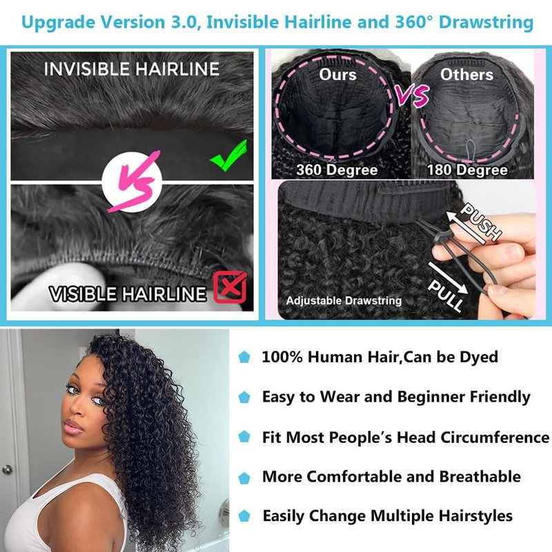 Curly Half Wig - 24 Inch Human Hair Water Wave | 200 Density, Seamless, Glueless Design for Easy Wear