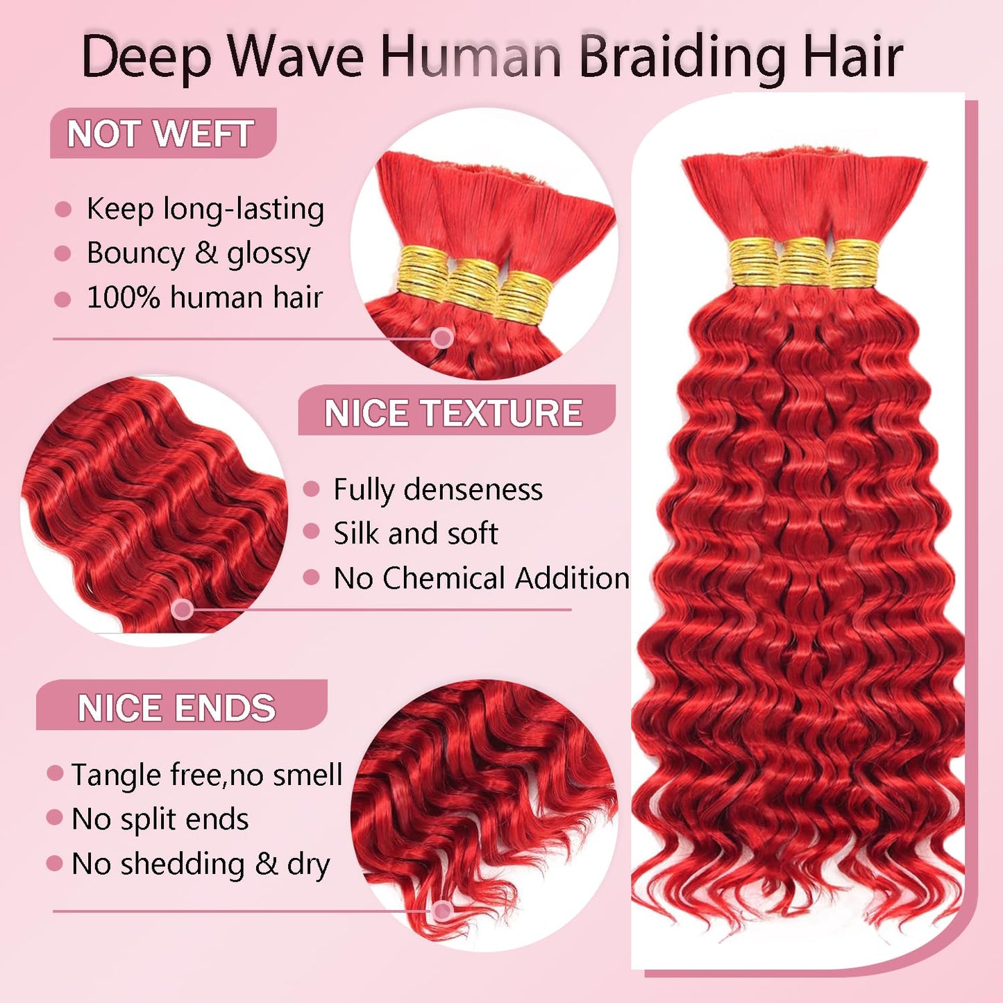 Red Human Braiding Hair for Boho Braids 150g 3 Bundles 12 12 12 Inch Wine Red Deep Wave Bulk Hair Burgundy Curly Human Hair Extensions for Braids Wet and Wavy Braid