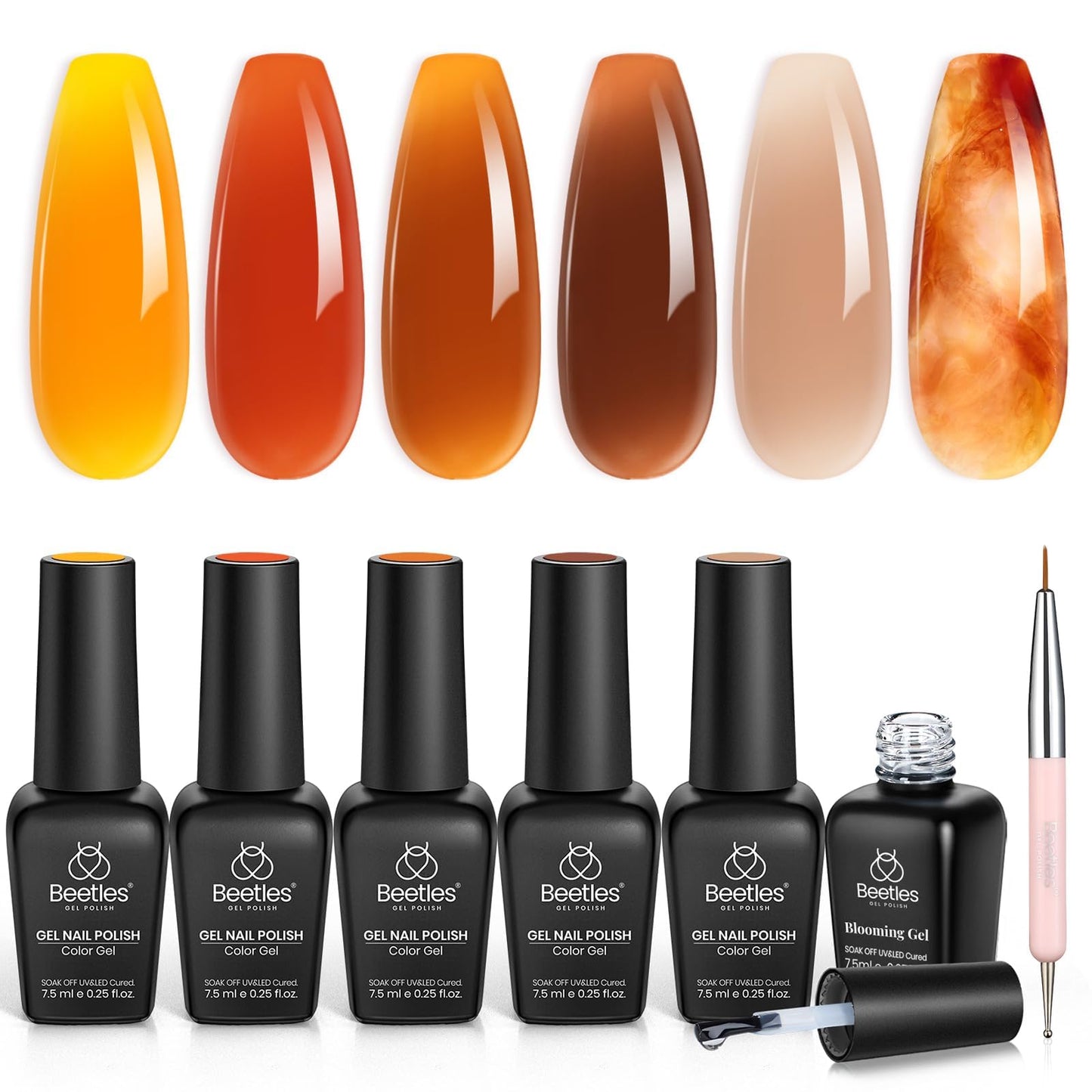 Beetles Gel Nail Polish Set – Amber Chic Jelly Gel Polish with Blooming Gel for Marble Effects, 6 Colors Yellow Red Brown Gray Translucent Soak Off UV LED Nail Art