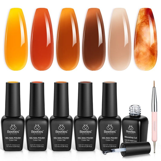 Beetles Gel Nail Polish Set – Amber Chic Jelly Gel Polish with Blooming Gel for Marble Effects, 6 Colors Yellow Red Brown Gray Translucent Soak Off UV LED Nail Art