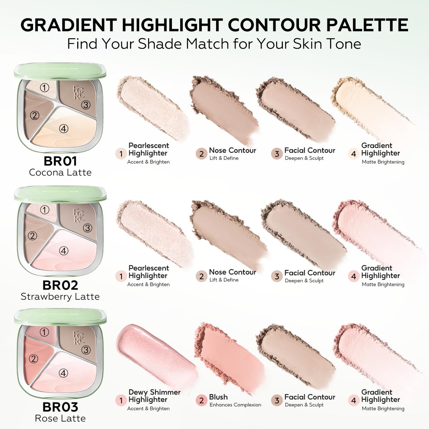 FOCALLURE 4-Color Contour Palette with Gradient Highlighter & Matte Finish - 3D Radiant Makeup for All Skin, Long-Lasting Highlight and Natural Contour Kit