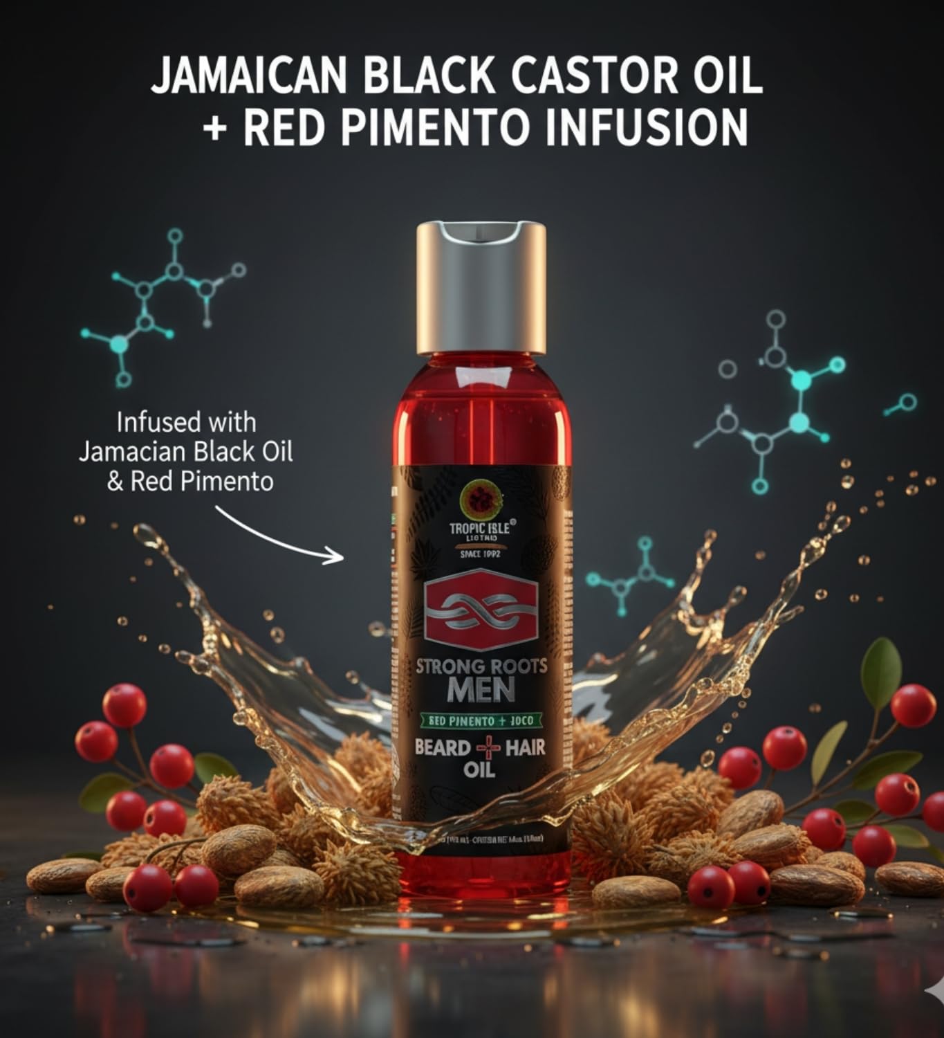 Tropic Isle Living Mens Beard Oil – 3x Strong Roots MenBeard + HairOil 4 oz Bundle with Red Pimento, Shea Butter, and JBCO – Moisturizing, Softening, and Shine for Beard and Hair – Gift Set (3 Items)