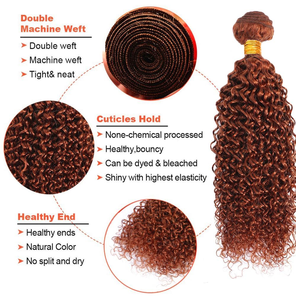 330g Reddish Brown Curly Human Hair Bundles Copper Red Kinky Curly 3 Bundles 20 22 24 inch Brazilian Unprocessed Virgin Hair Color #33 Human Hair Bundle