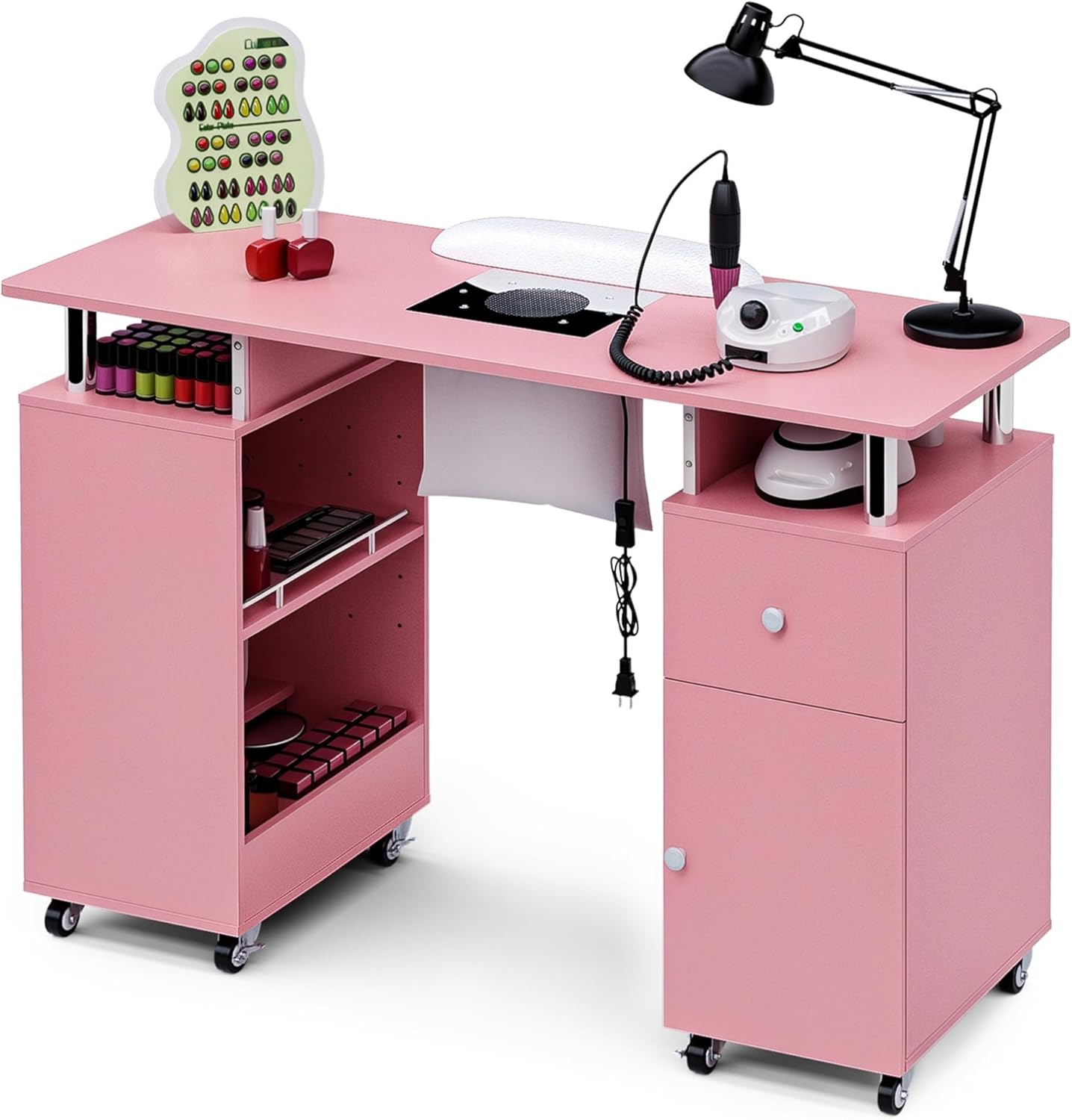 Nail Tech Table - Manicure Desk with Dust Collector, Arm Rest & Wheels | Black Beauty Salon Station