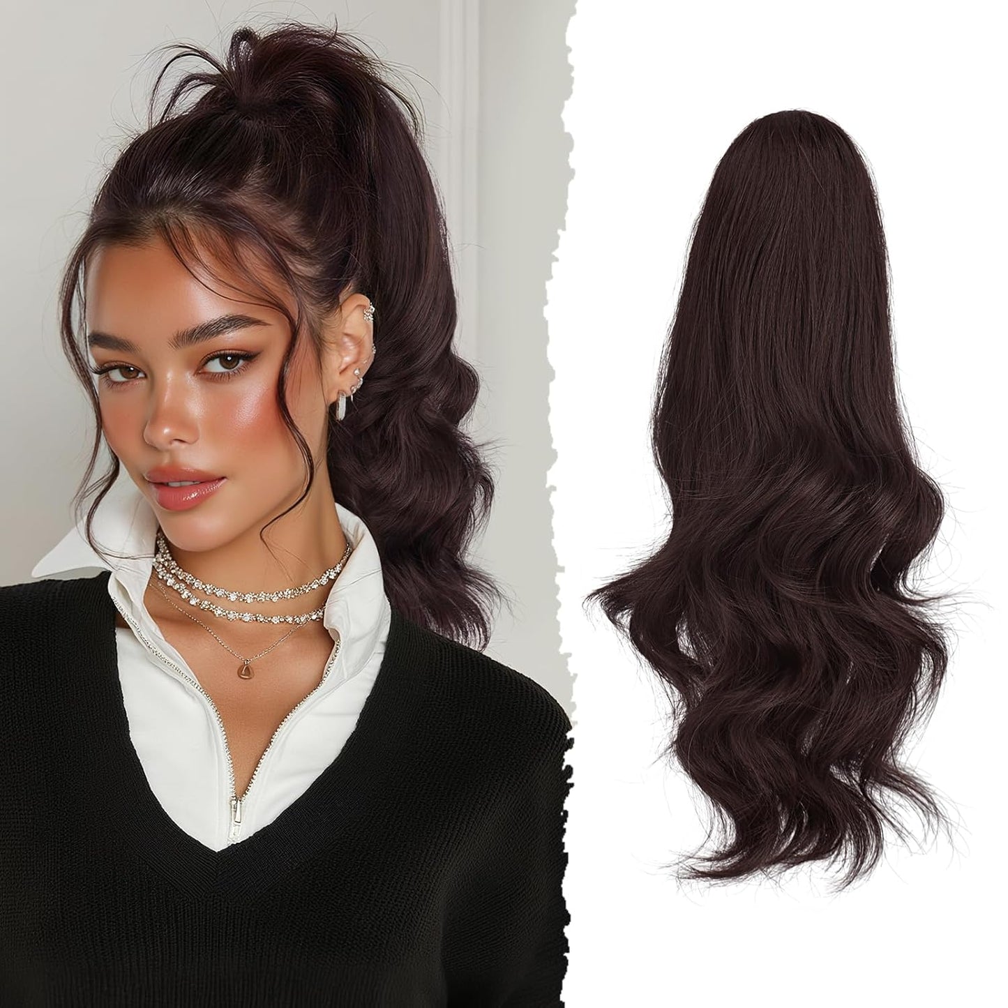 Sofeiyan Claw Clip Ponytail Extension - 16" Curly Wavy Synthetic Hairpiece | Medium Brown & Light Auburn