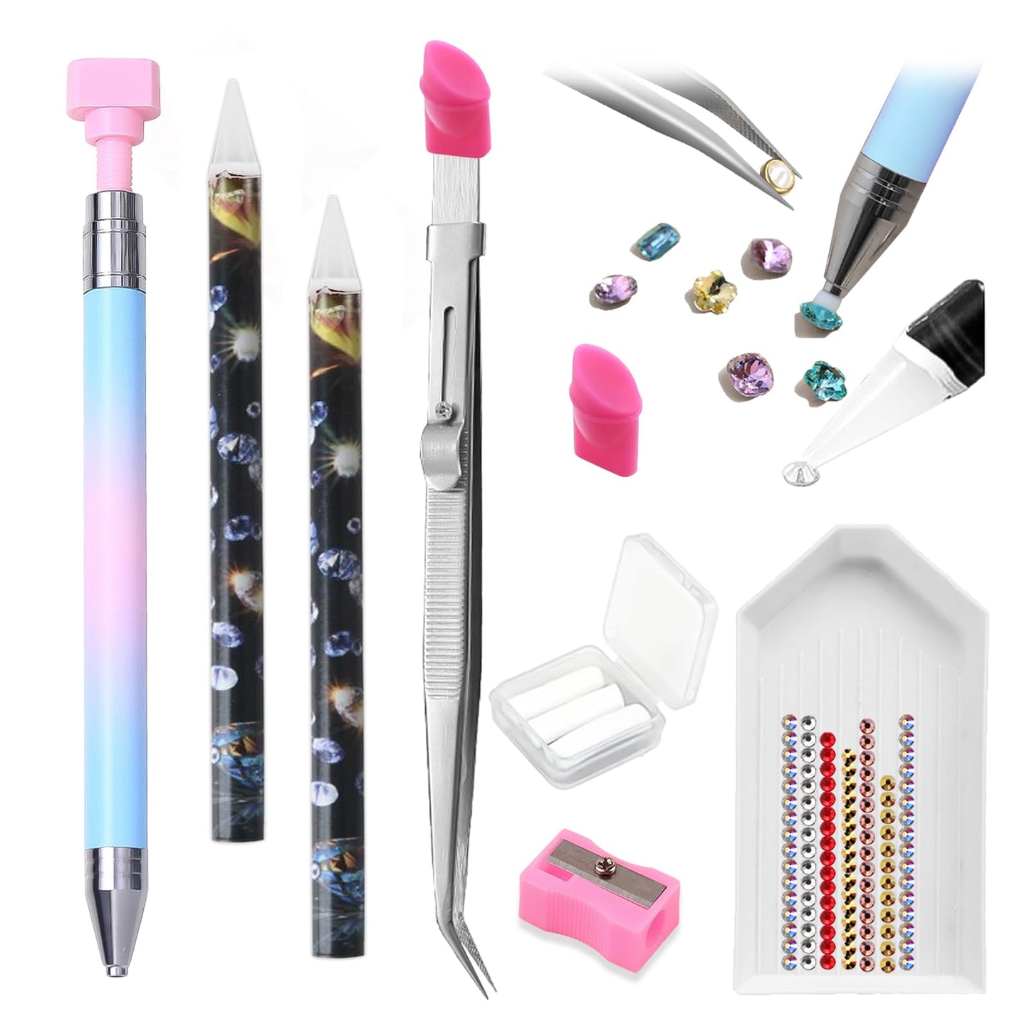 ESUOHYM 9 PCS Rhinestone Picker Tool Set, Refillable Wax Pencil for Rhinestones Bedazzling Pen Gems Picker Up Tools Diamond Art Tray Tweezers With Silicone Press Heads, Nail Art Tools for Diy Design