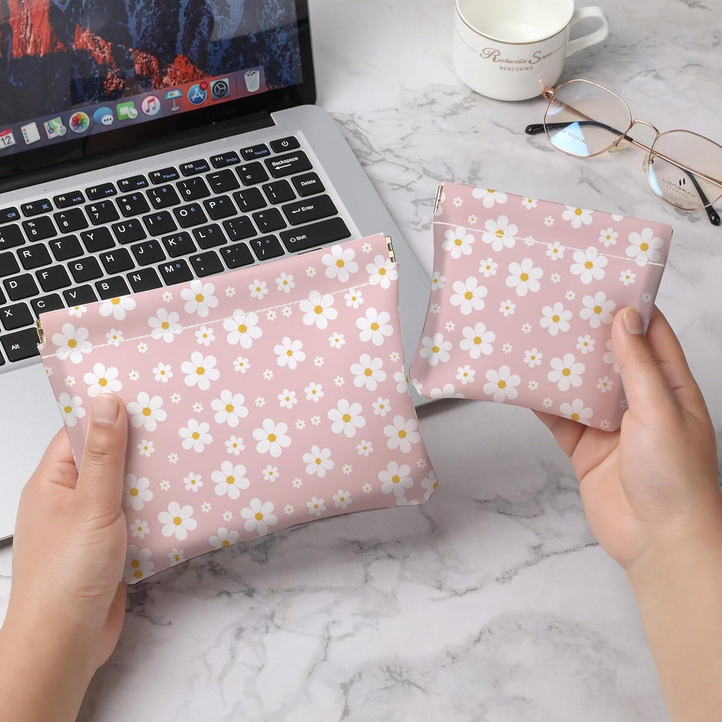 Makeup Bag Set - 2 PCS PU Leather Cosmetic Organizer | Portable Self-Closing Coin Purse for Women - Pinkish-White Flowers