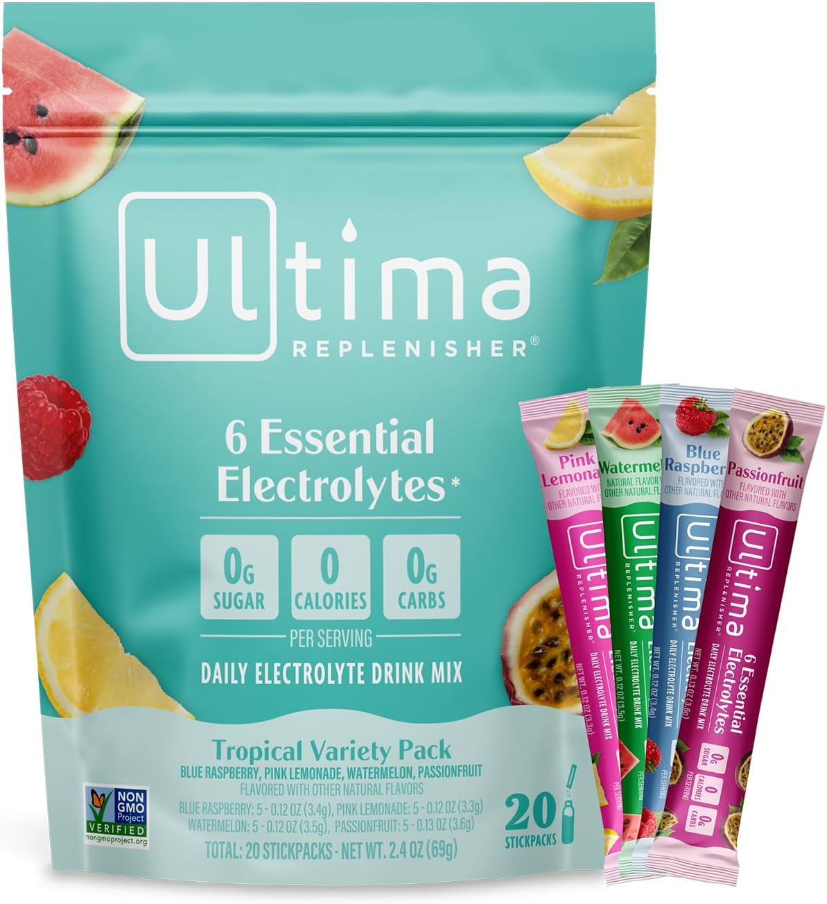 Ultima Replenisher Electrolyte Powder | Zero Sugar Hydration Packets with 6 Electrolytes – Original Variety Pack, 20 Stickpacks