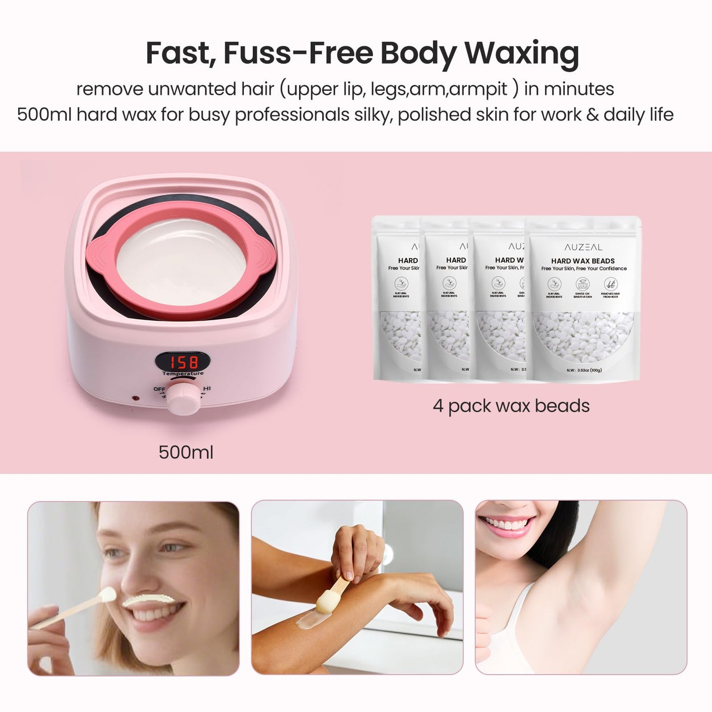 AUZEAL Digital Waxing Kit For Women, 500ml Hot Wax Warmer for Hair Removal, At Home Salon Grade Wax Kit for Body, Brazilian, Bikini, Sensitive Skin