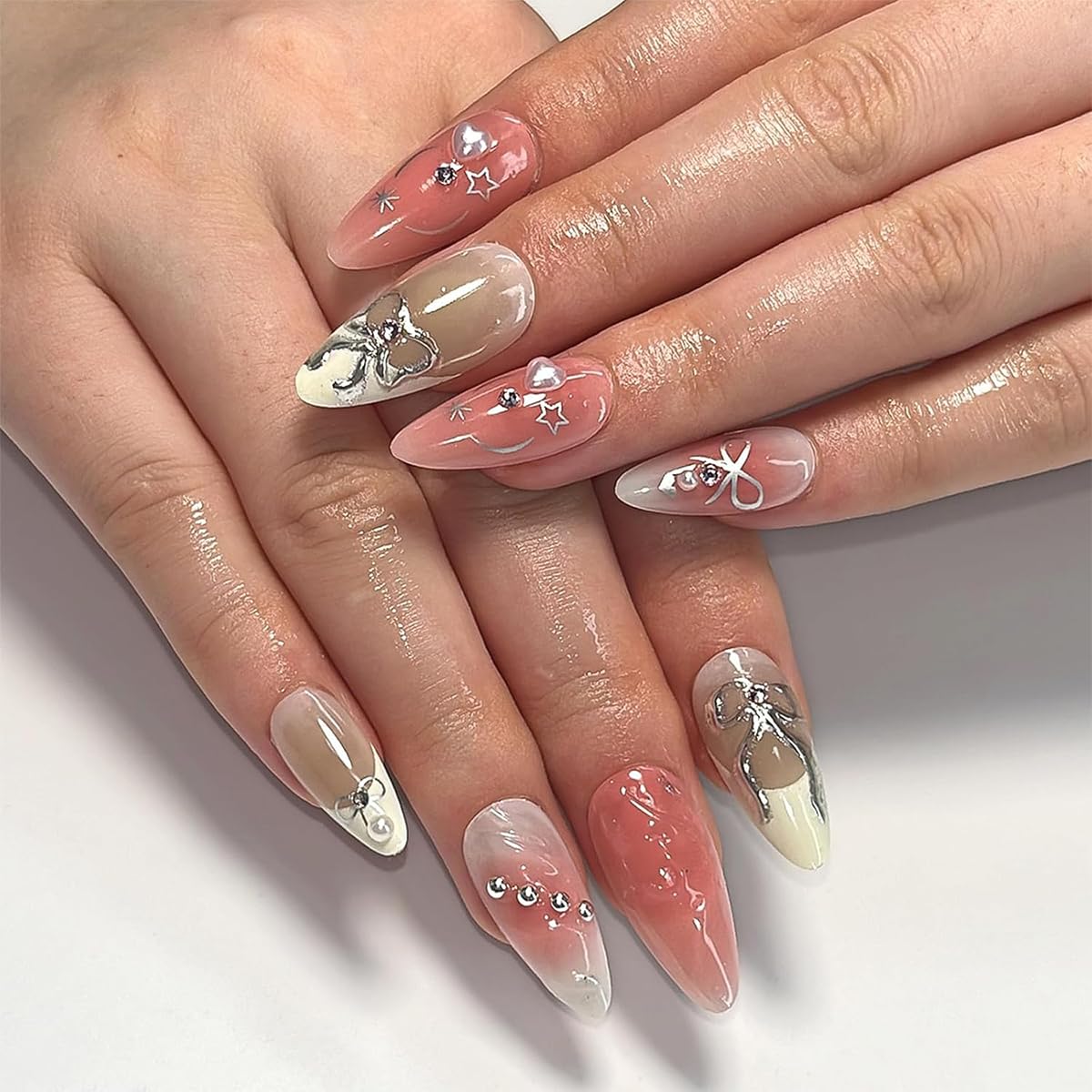 Press On Nails - Medium Almond Gradient Pink & White with Silver Bow | Reusable 3D Rhinestone Design, 24 Pcs for Weddings & Parties