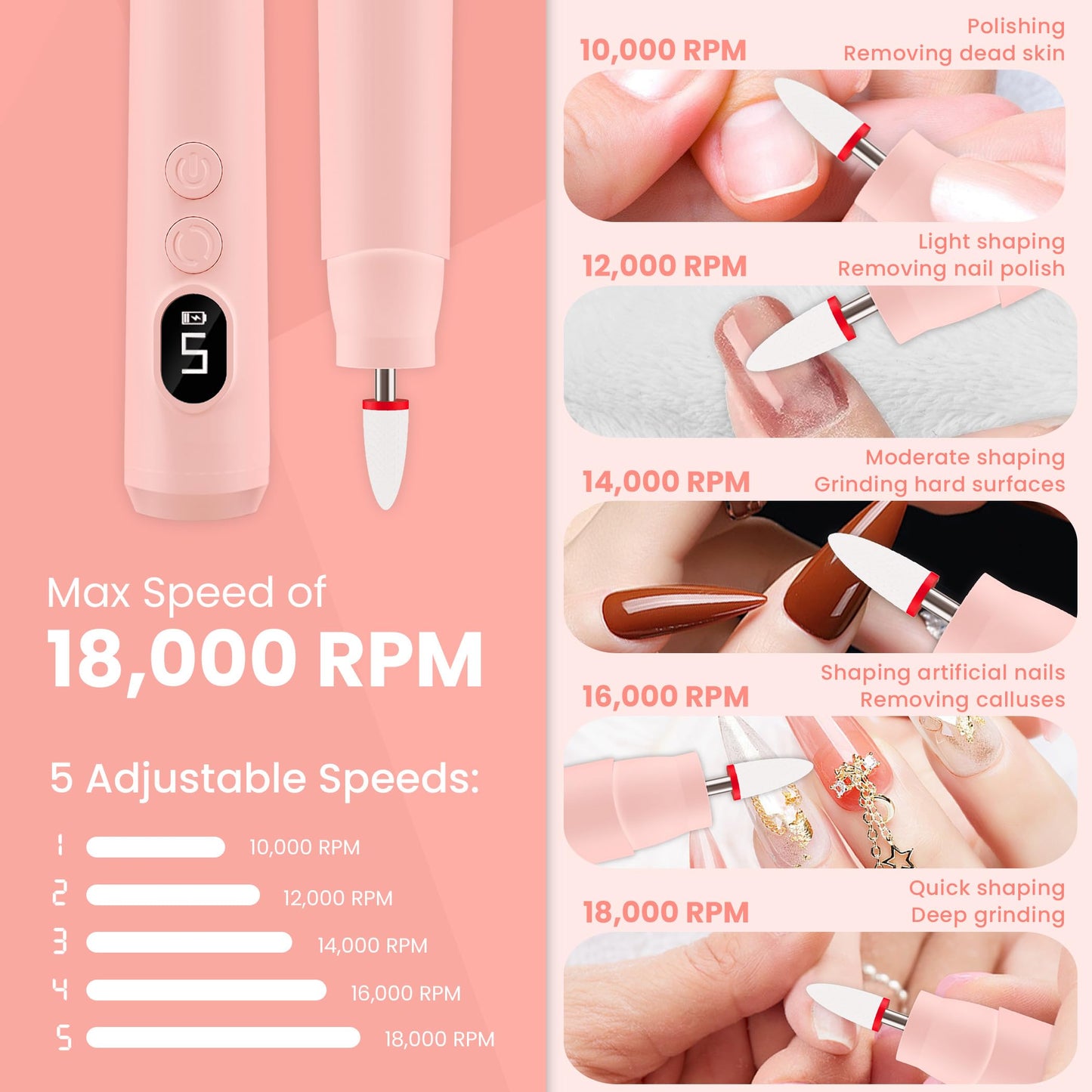 KIARYUOLL Cordless Electric Nail Drill Kit, Portable Rechargeable Nail Drill Set, Battery Electric Nail File, 5 Speeds Modes, LED Lighting, Reversible Direction, DIY, Professional (Pink)