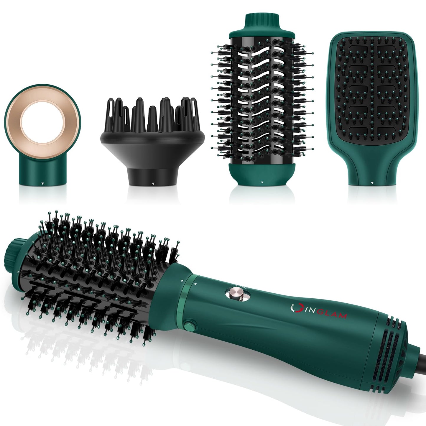 IG INGLAM Hair Dryer Brush, 4-in-1 Detachable Blow Dryer Brush, Ionic Diffuser Hair Dryer & Styler Volumizer with Oval Titanium Barrel, One-Step Hot Air Blowout Styler, Dark Green