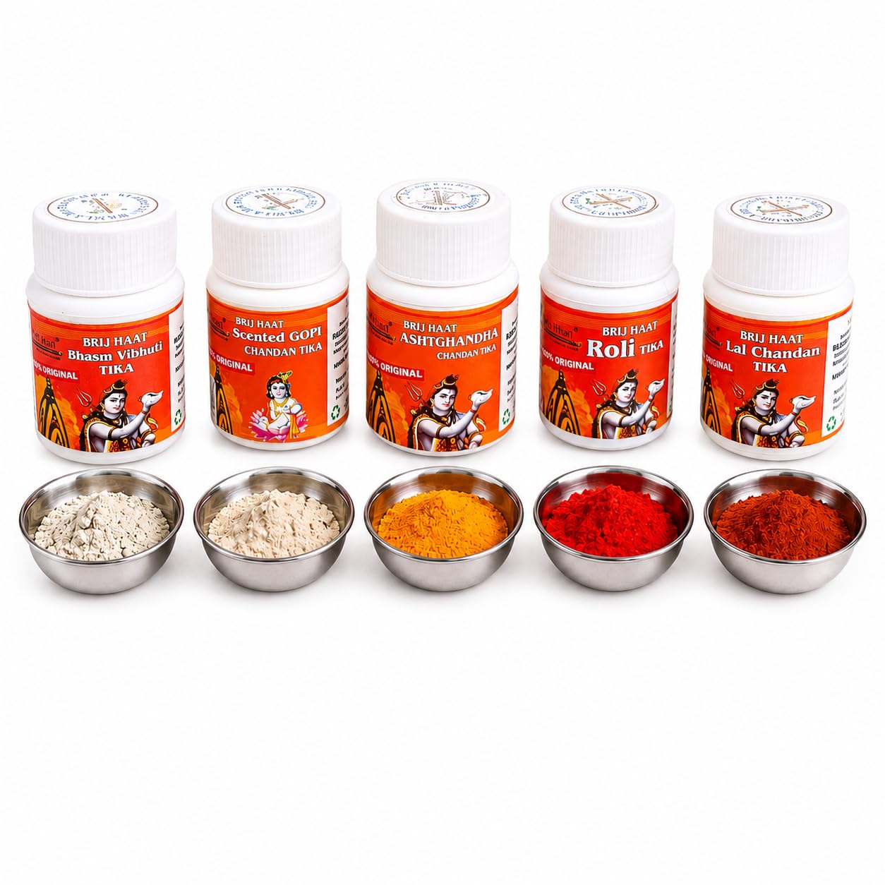 BRIJ HAAT 5pc Premium Quality Chandan Powder Tilak Set, Lal Chandan, Gopi Chandan, Astghandha Chandan, Bhasm Vibhut Tika, Roli Tika, Pack of 5