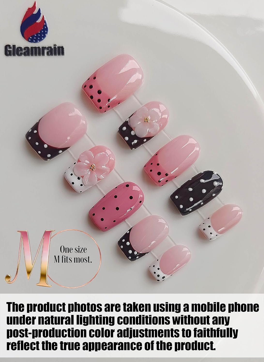 Pink Press On Nails - Handmade Short Square Style | M Size Daily Wear Y2K Cute French Design with Polka Dot & 3D Flowers - 10 Pcs
