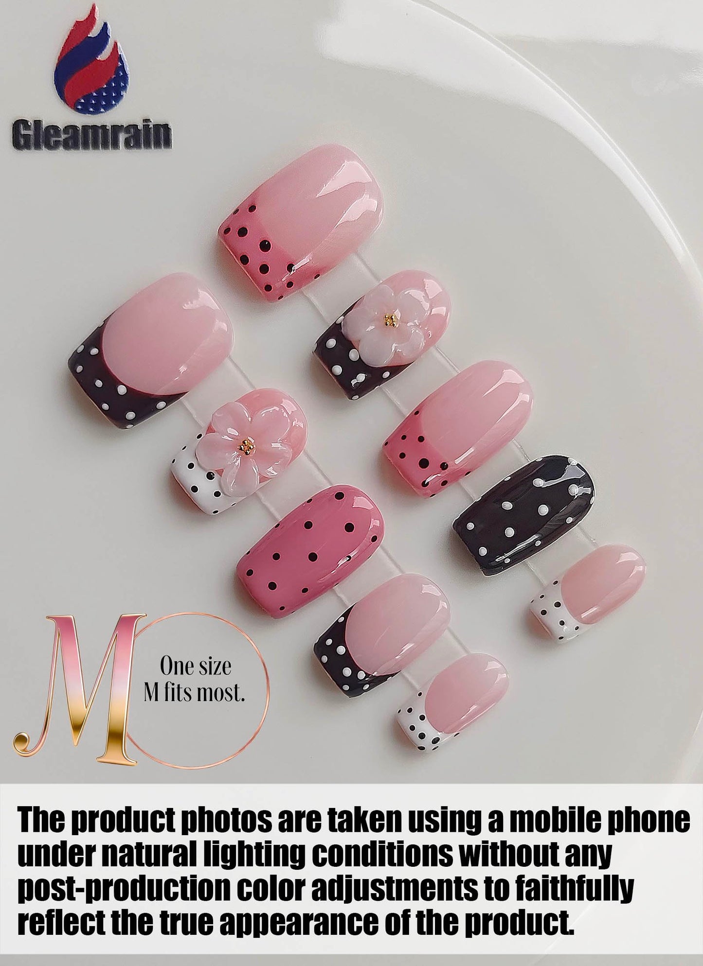 Gleamrain Pink Press on Nails Handmade Short Square-Ins Style M Size-Daily Wear Y2K Cute French Artificial Nails Press Ons Polka Dot and 3D Flower Design for Women 10Pcs Gleamrain Design 405