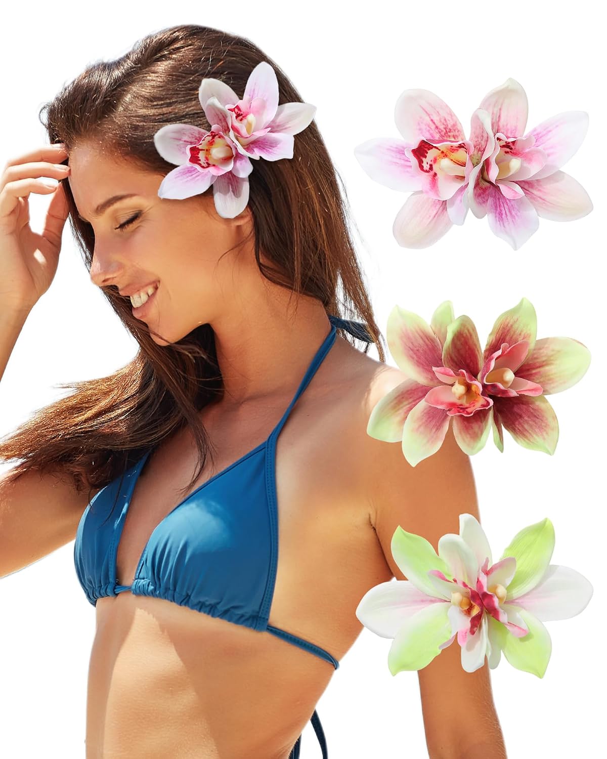Hawaiian Flower Hair Clips - 3 PCS Artificial Orchid Barrettes for Weddings & Beach Parties | Pink, Rose, Green