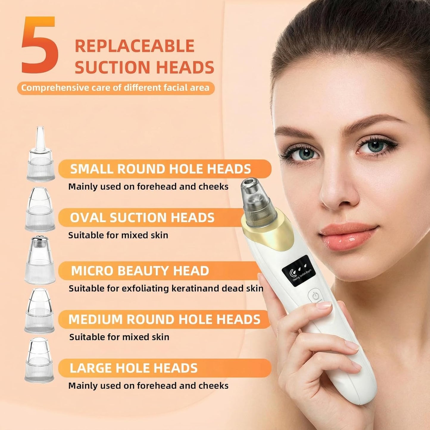 Pore Vacuum Blackhead Remover - USB Rechargeable, 3 Adjustable Levels, 5 Suction Powers, 6 Probes | Face Cleanser for Women & Men - Gold