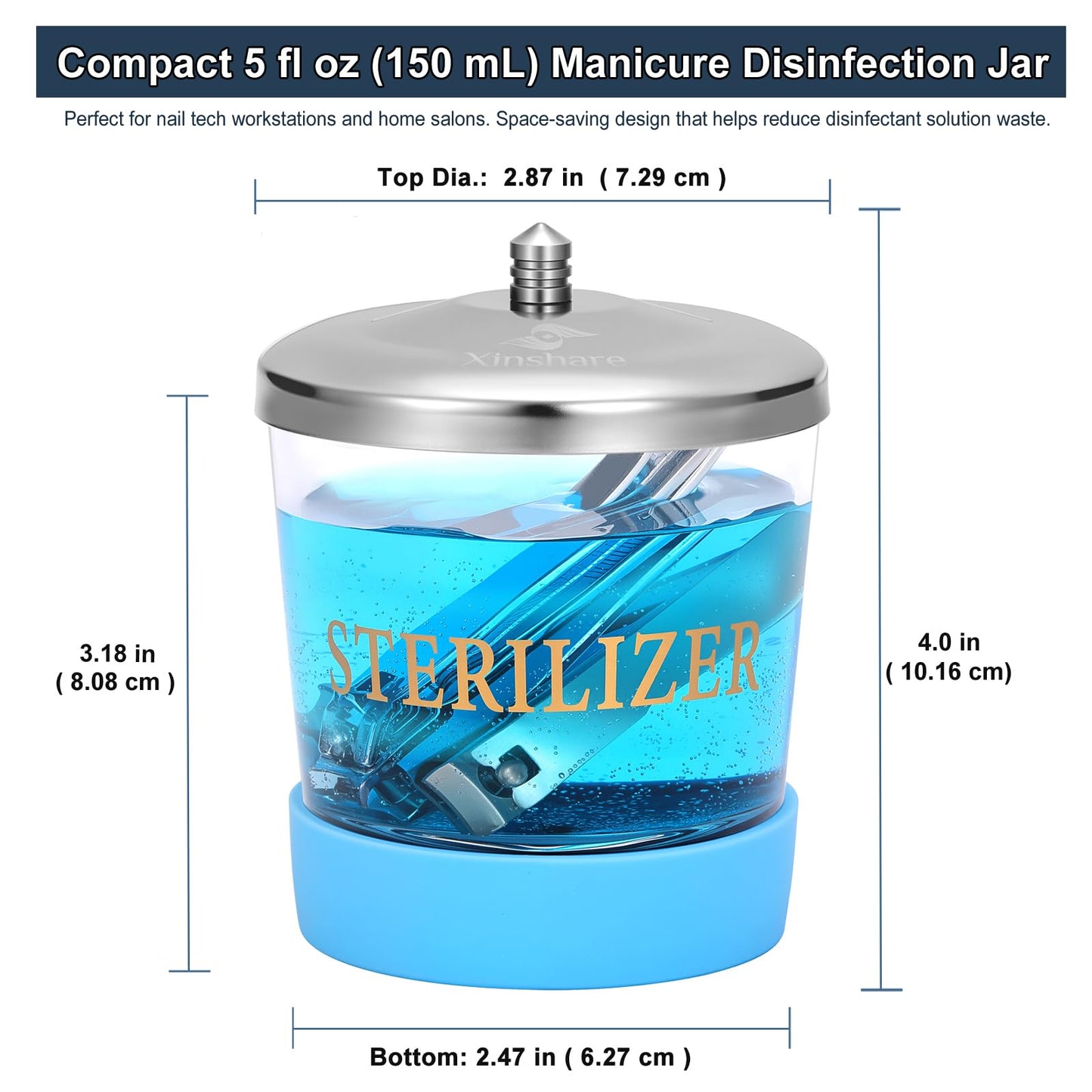 Xinshare Nail Tool Disinfectant Jar, 5Oz Glass Durable Manicure Pedicure Implements Sterilizer Container,Salon Storage & Organizer for Nail Art Tools Beauty Centers Equipment Cleaning, Blue