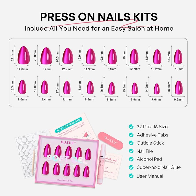 Almond Cat Eye Press-On Nails - Hot Pink Soft Gel | 32 Pcs Reusable Fuchsia Stick-On Nails, 16 Sizes Available