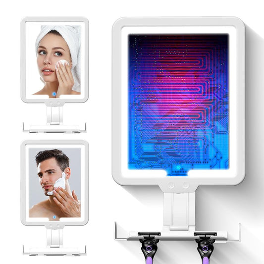 JJhxr Heated Shower Mirror Fogless for Shaving, 3 Color Dimming Shower Shaving Mirror, 9.5 * 8inch Anti-Fog Shower Mirror with Lights, Wall-Mounted Large Shaving Mirror with Razor Holder