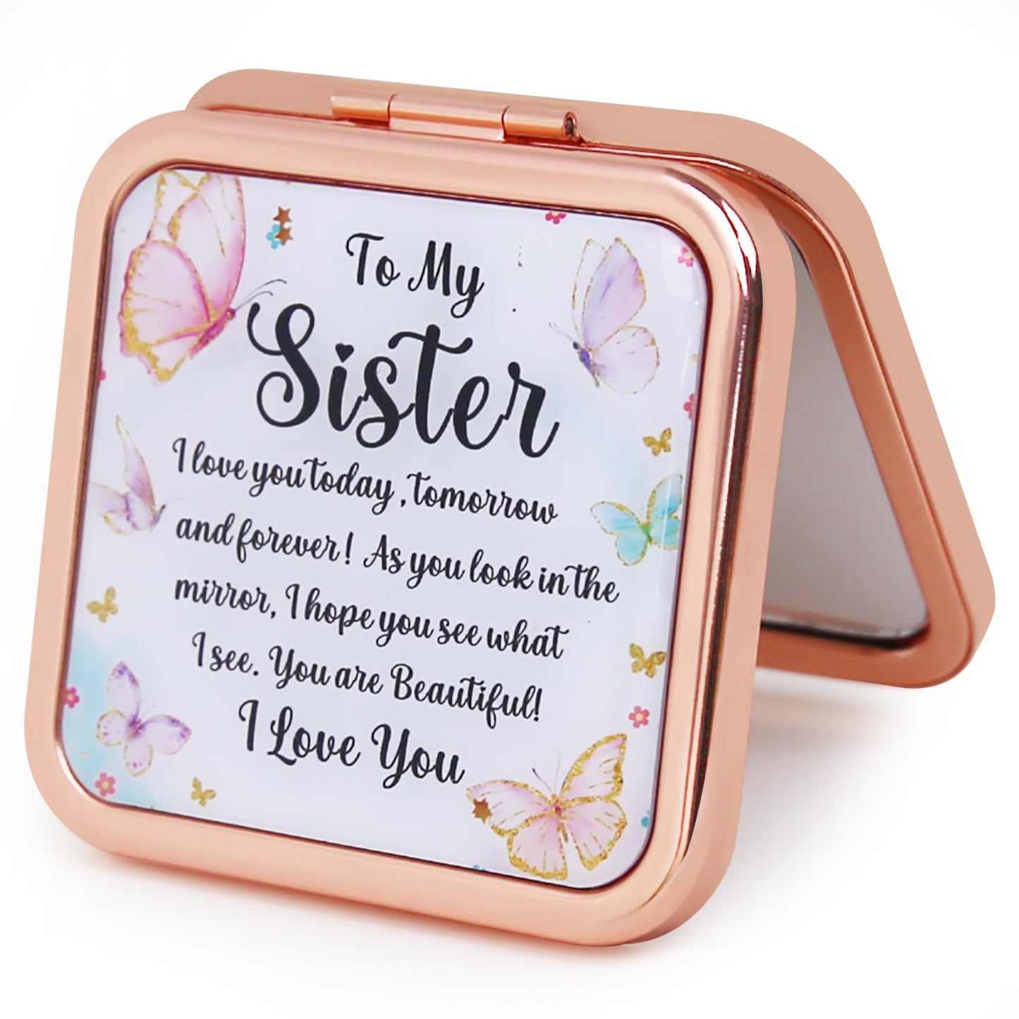 PDOZV Pocket Mirror for Women, Rosegold Square 2.8”×2.8” Metal Frame DropRubber Style Double Sided Mini Magnifying 1X/2X Mirror for Purse Can be Used as Gifts for Woman (RGSr03)