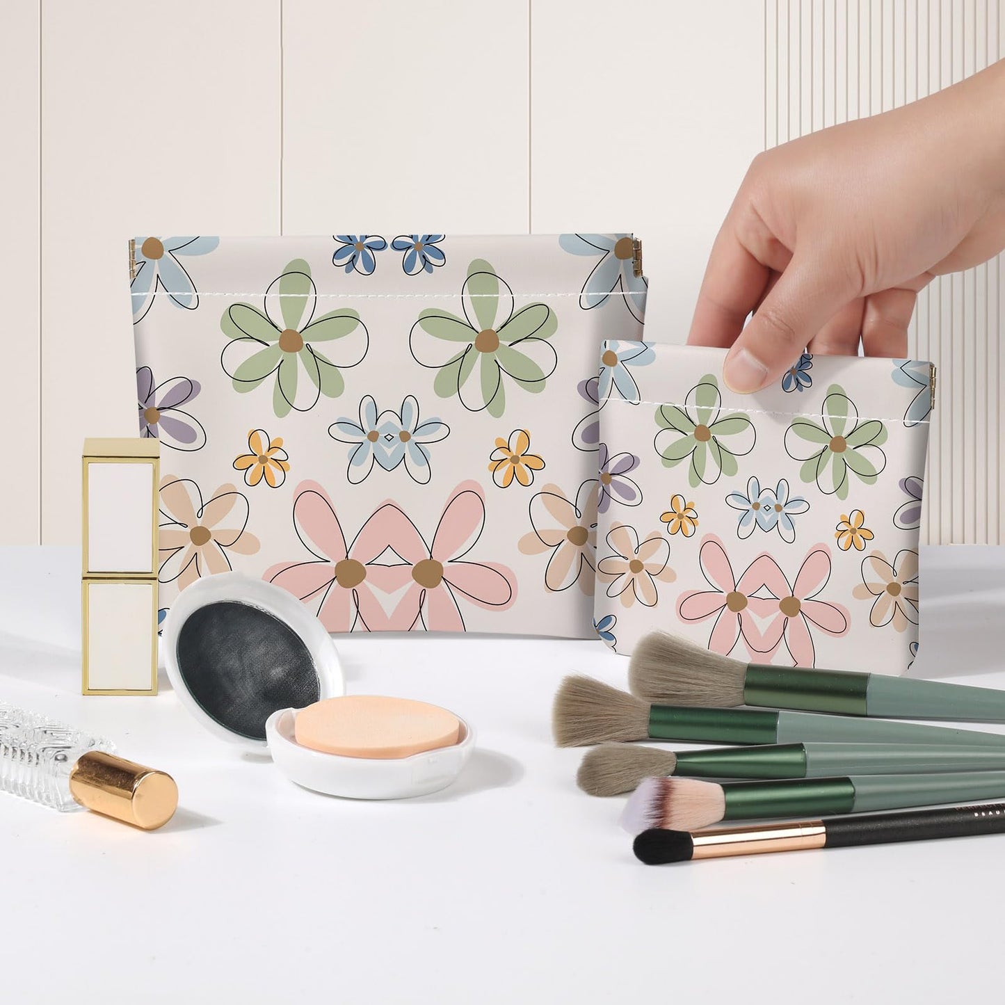 Luoycxy 2 PCS PU Leather Small Makeup Bag Set for Purse,No Zipper Self-closing Cosmetic Bag, Portable Coin Purse Lipstick Accessories Organizer Travel Toiletry Storage Pouch for Women,Line Flower A