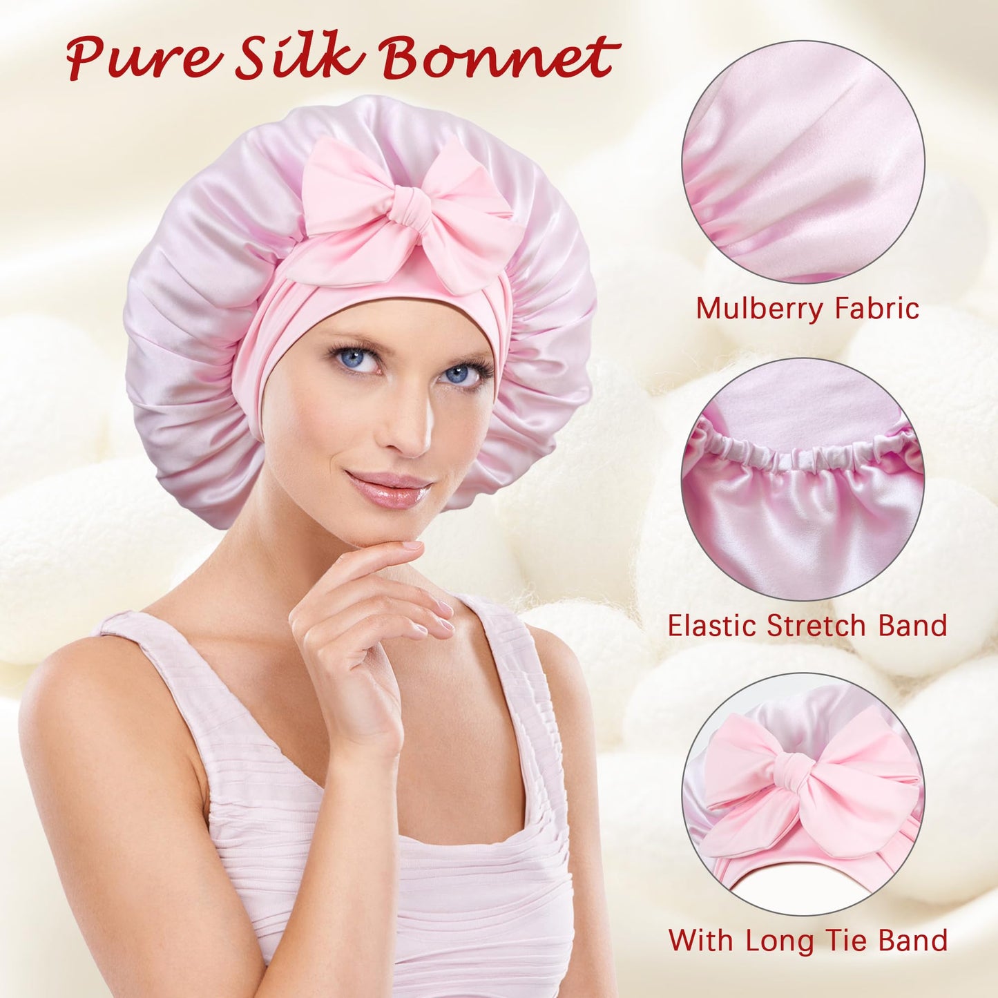 100% Mulberry Silk Bonnet for Sleeping Women, Pure Real Silk Hair Bonnets with Tie, Double Layer Sleep Cap for Curly Hair