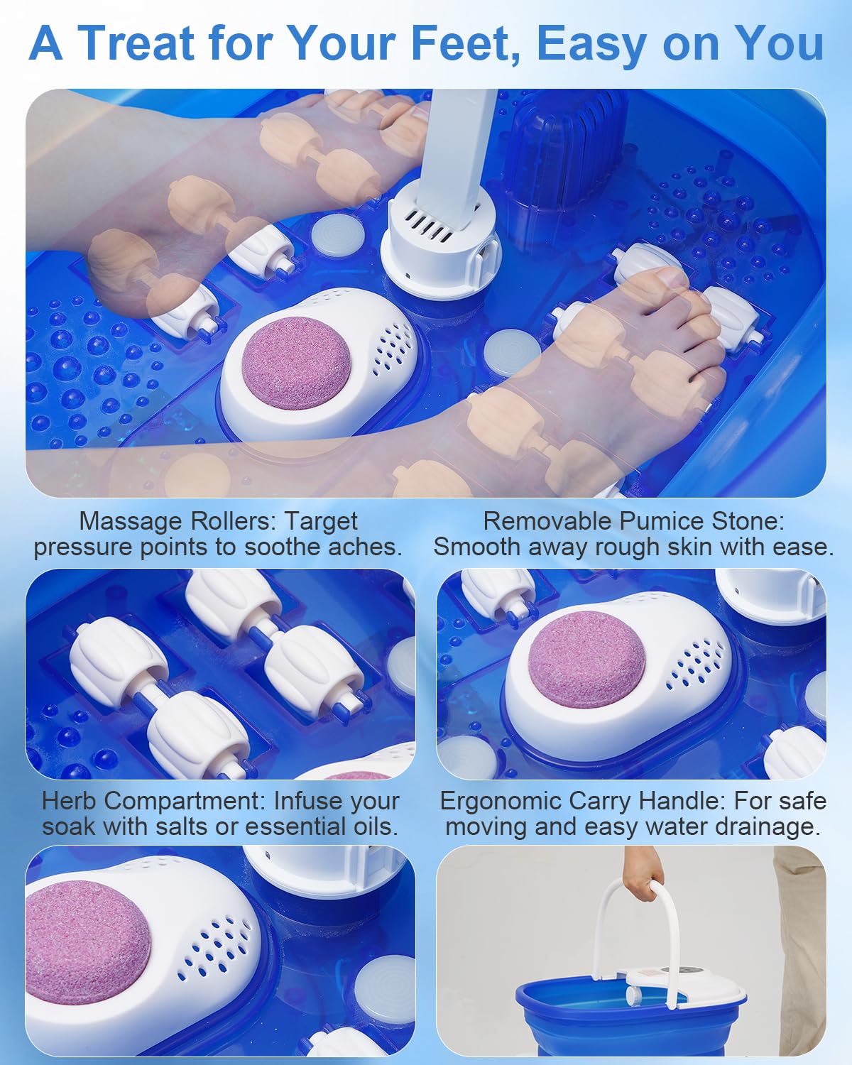 Misiki Collapsible Foot Spa Bath with Heat, Remote Control & 16 Massage Rollers, Fast Heating Pedicure Tub for Relaxing Tired Feet, Foot Soaker with Surf & Red Light, Fits Men Size 12 (Royal Blue)