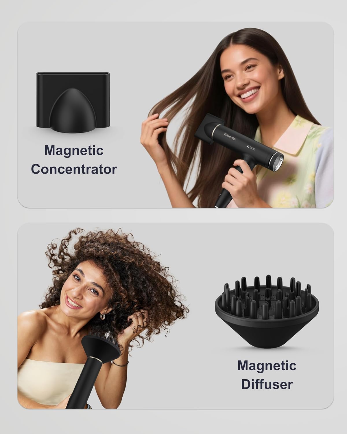 Annlary Hair Dryer - Ionic Blow Dryer with Diffuser for Curly Hair | Low Noise, Foldable Travel Design | 6.5Ft Cord, Magnetic Nozzle