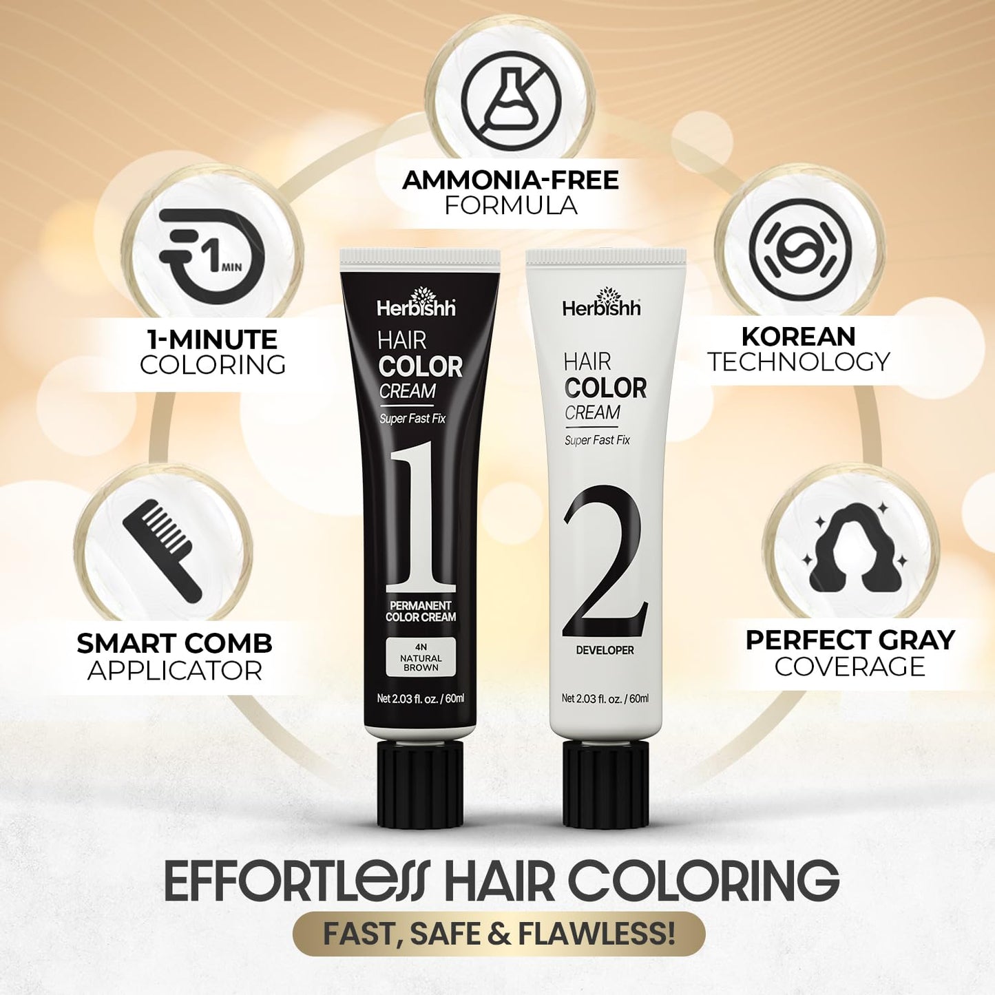 Herbishh 1-Minute Korean Hair Dye Cream & Developer (2.03 fl oz Each) Natural Brown - Permanent Color for Hair Root Touch Up & Full Hair Gray Coverage, Ammonia-Free Hair Dye Kit for Women & Men